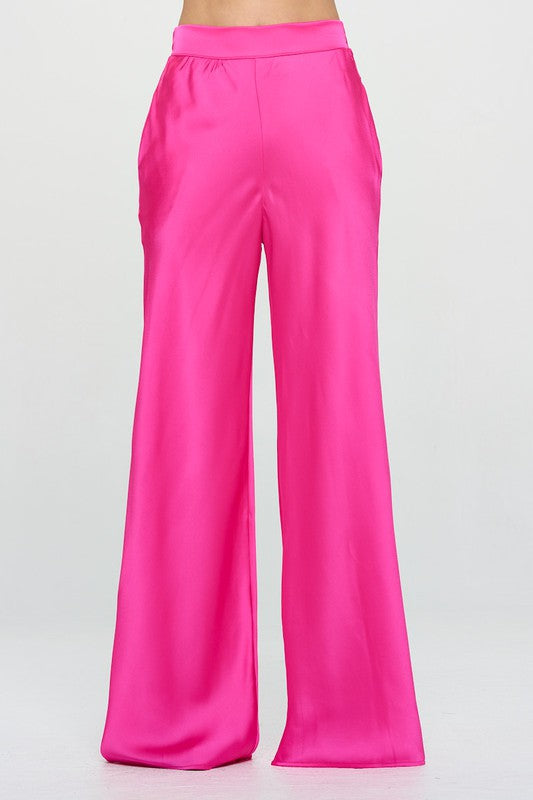 Hot Pink Silky Satin Elastic High Waist Wide Leg Pants with