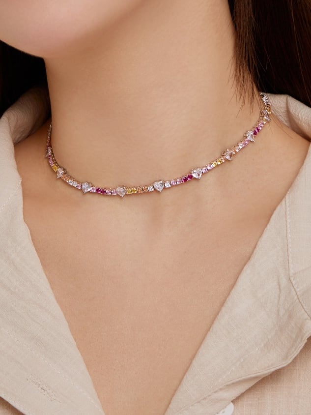 Kesley Heart Tennis Choker Necklace, .925 Sterling Silver Colorful Zircon Statement Necklace