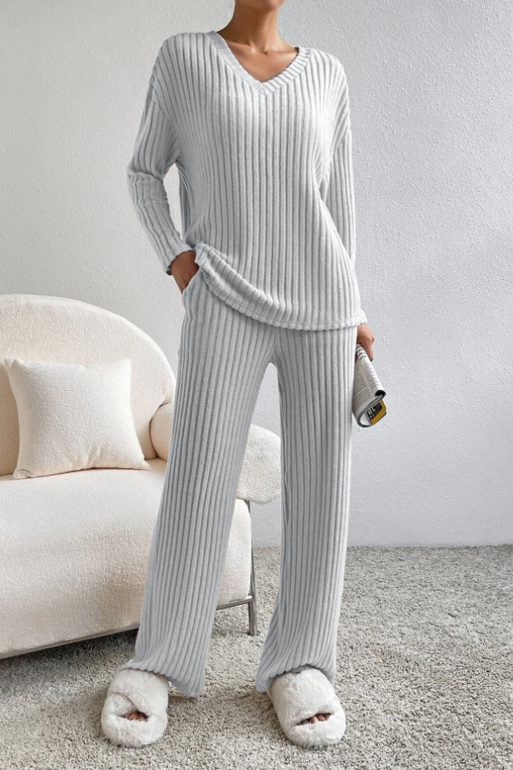 Women's comfortable Loungewear Set Pajamas Ribbed V-Neck Top and Pants –  KesleyBoutique