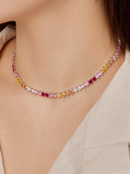 Pink Colorful Tennis Necklace Choker, Zircon .925 Sterling Silver Statement Choker Necklace