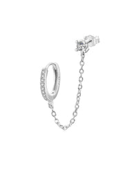Single Earrings, Stud and Hoop Double Chain Earrings, 925 Sterling Silver Cubic Zirconia