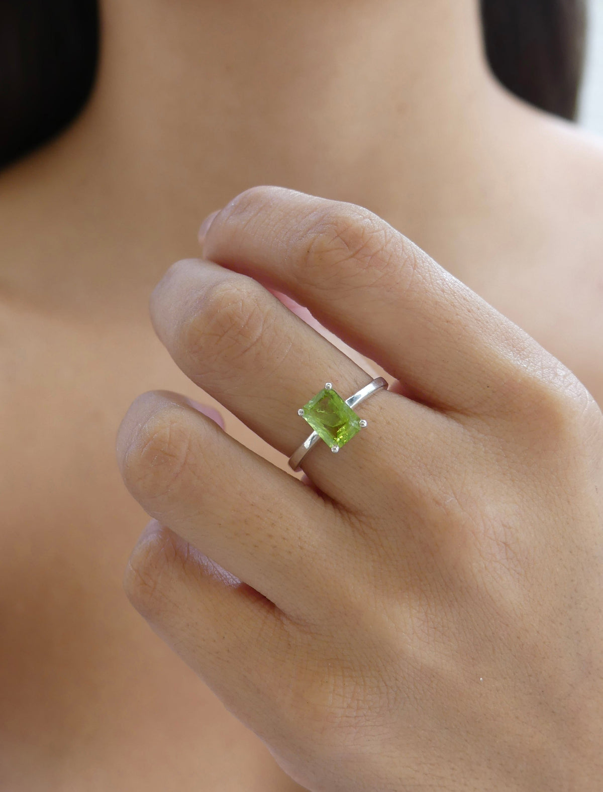 Peridot Silver Ring, 925 Sterling Silver Emerald Cut Ring, Natural Peridot Gemstone Everyday Princess Hypoallergenic Nickel Free Ring