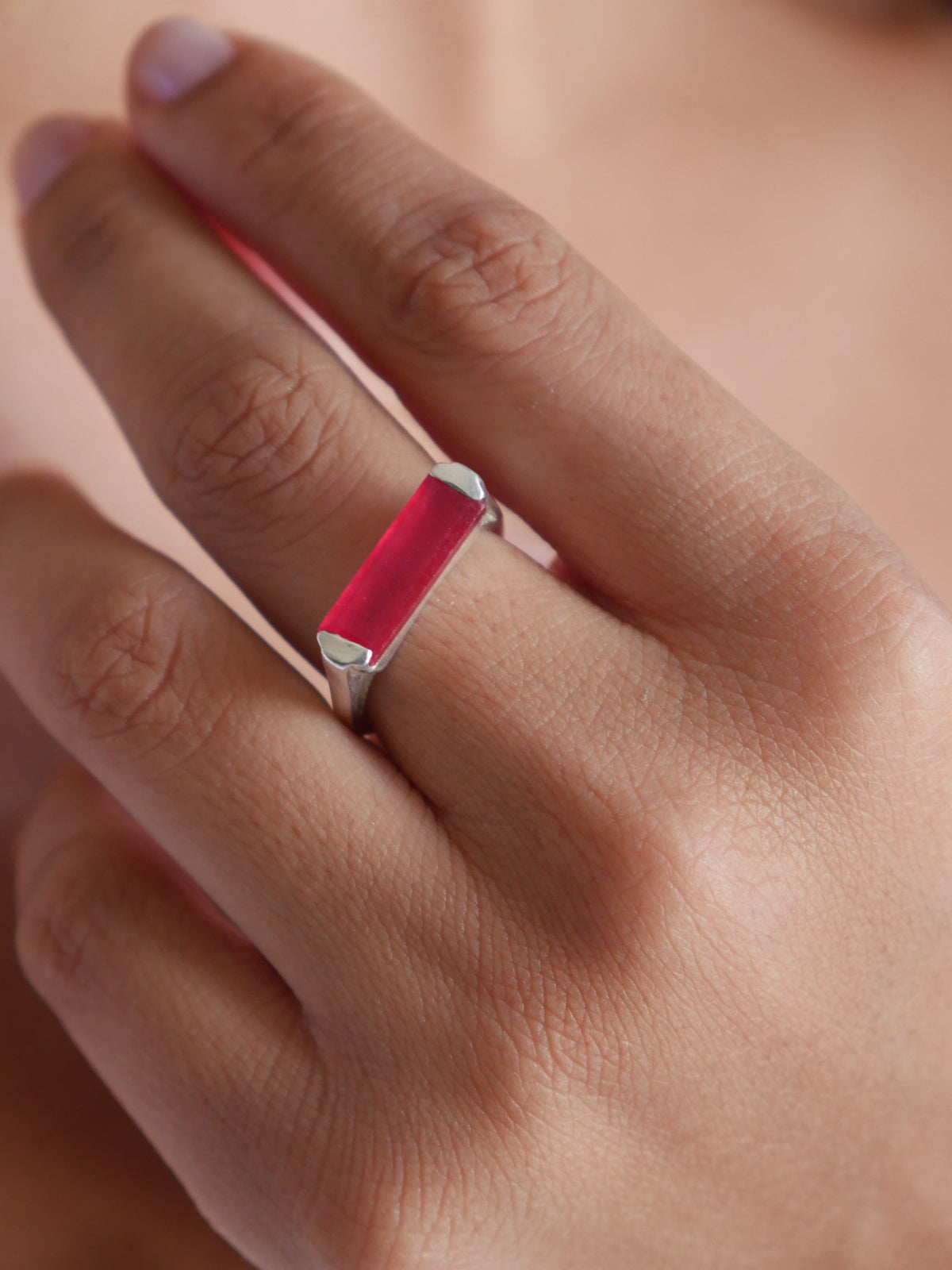 Pink Jade Ring, Natural Jade Gemstone, .925 Sterling Silver Waterproof Unisex Bar Ring 7