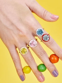 Round Colorful Enamel Statement Ring, Zircon 925 Sterling Silver Luxury Colorful Ring