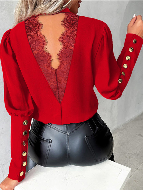Women's Long Sleeve Lace Crew Neck Button-Down Shirt blouse